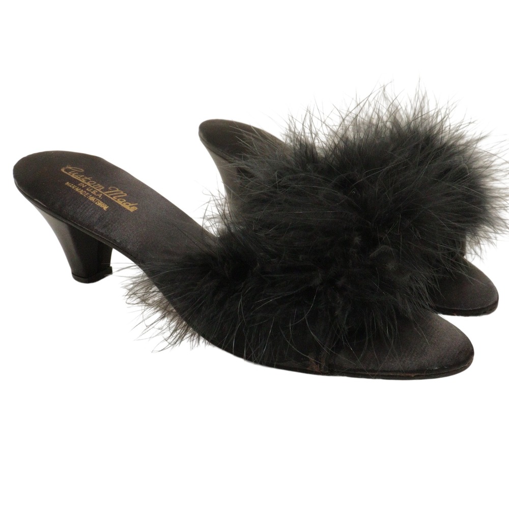Vintage Kitten Heels Sandals Feather Trim Boudoir Black USA Women 8M